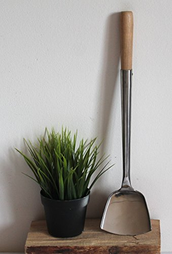Asia Art Factory Wok Spahtel Pfannenwender flach 004 Edelstahl Größe S – 43 cm lang, Kelle 10 x 9 cm, mit Holzgriff, genietet