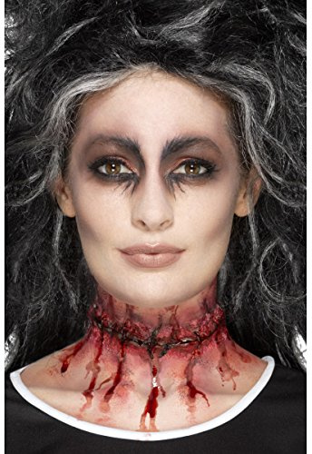 Smiffys Latex Stitched Neck Scar Prosthetic, Red Bloody Horror Wound with Adhesive, Halloween SFX Makeup Accessory, Realistic Latex Costume Injury for Zombie, Frankenstein & Scary Fancy Dress