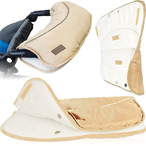 Kinderwagen Handwärmer Handmuff mit kuschelweichen FLEECE Handschuhe Kinderwagenmuff Buggy Sportwagen Universal Wind - und Wasserabweisend reflektierend (BEIGE/WEIß)