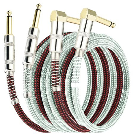 OTraki 3FT Guitar Cables 2 Pack Electric Guitar Chord 1/4 Inch Straight to Right Angle 6.35mm Gold Plated TS Plug Nylon Connect Guitar Instrument Cable for Guitar Bass Drum Audio Device 1M