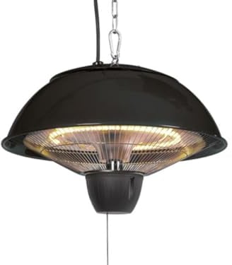 Perel Chauffage de terrasse suspendu, 1500 W, halogène, à suspendre, avec chaîne de suspension, 1 niveau de chauffe, protection contre les jets d'eau, métal, noir