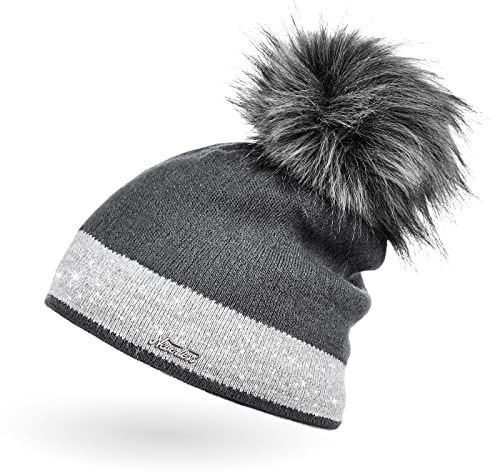Neverless Damen Strick-Mütze gefüttert mit Fell-Bommel Kunstfell Winter-Mütze Feinstrick Glitzer-Garn Bommelmütze dunkelgrau-hellgrau Unisize