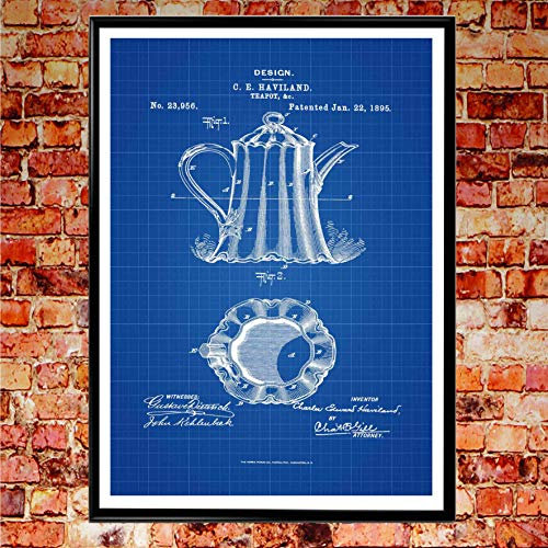 Théière en forme de pot à thé - Impression brevetée - Décoration murale - Thé - Cadeau pour les amateurs de thé, tasse de thé, café - Art WB275 (8 x 10, Blueprint)