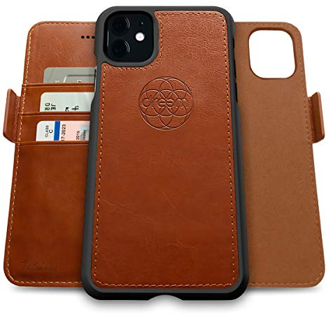 dreem Fibonacci Coque iPhone 11 Magnetique Antichoc | Etui Portefeuille 2-en-1 avec Stand Amovible 2 Positions | TPU Vegan Fin| Protection RFID | Caramel