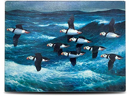 Puffins in Flight Glass Chopping Board Table Top Protector by Julian Friers - Coastal Gift
