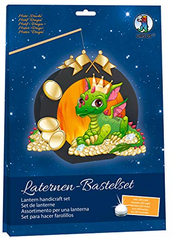Ursus 18760002F Laternen Bastelset Drache, Laternen Stanzteil, Bastelkarton 220 g/m², Transparentpapier 115 g/m², 2 Stanzbögen, Laternentragebügel, Laternen Holzstab, Zubehör