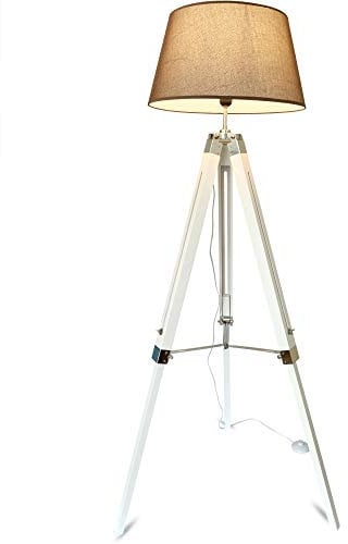 mojoliving® Stehlampe für das Wohnzimmer Schlafzimmer mit Stativ aus Holz Höhenverstellbar - Deko Stehleuchte Lampe Dreibein Schirm Braun, Stativ Weiss