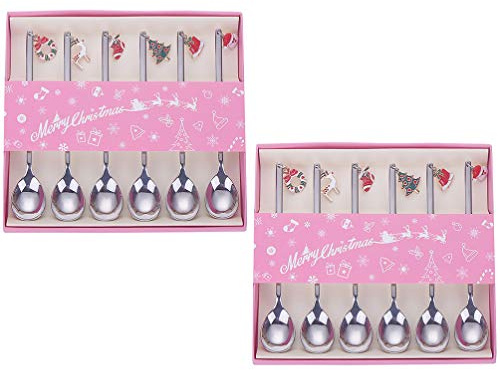 PRETYZOOM 12 Stück Edelstahl Kaffeelöffel Weihnachtslöffel Weihnachtsgeschirr Dessert Tee Löffel Rührlöffel Weihnachtssilber Set mit Geschenkbox Silber