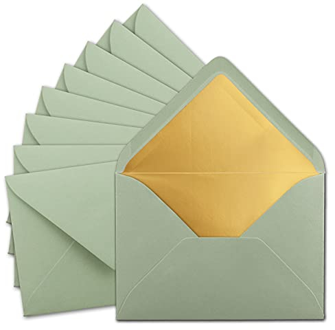 50x DIN C5 Kuverts 15,7 x 22,5 cm in Eukalyptus (Grün) mit goldenem Seidenfutter - Nassklebung - Blanko Brief-Umschläge - Post-Umschläge ohne Fenster im C5 Format - Marke: GUSTAV NEUSER