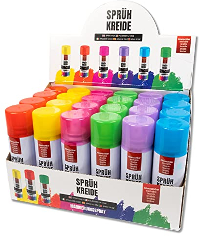 Bock op Kölle Kreidespray Sprühkreide Markierungsspray Graffiti 6 Farben wasserlöslich Dosen mit 100ml (Bunt 24 Stück)
