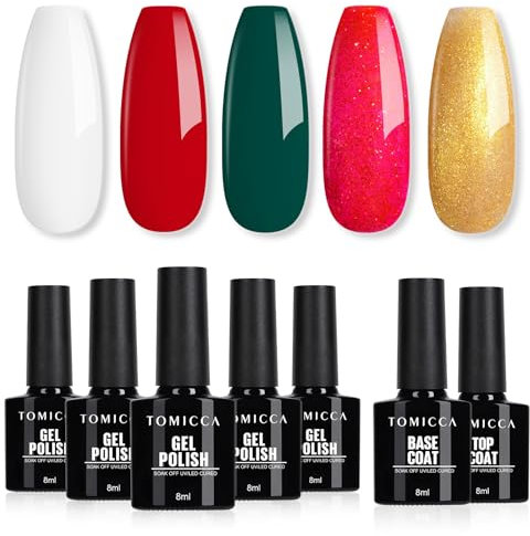 TOMICCA Gel Nail Polish, 7Pcs Christmas Gel Nail Polish Set with Base & No Wipe Top Coat, Red White Green Glitter Pink Gold Soak Off UV/LED, Winter Nail Varnish Manicure Set Home Salon, 8ml