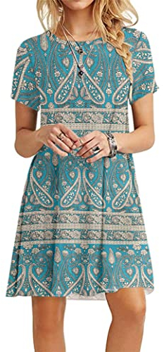 MOLERANI Damen Sommerkleider Casual T-Shirt Kurzarm Strandkleid Loose Swing Damen Kleid M Boho Blumengrün