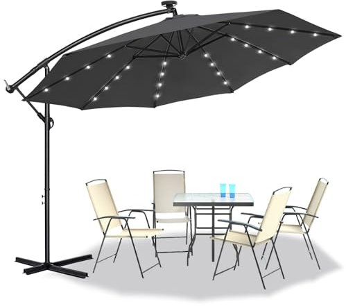 UISEBRT Sonnenschirm Alu Ampelschirm mit Kurbel - Gartenschirm Höhenverstellbarer Sonnenschirm Schirm UV-Schutz Balkonschirm Marktschirm für Garten, Terrasse, Balkon (300cm mit LED Solar, Dunkelgrau)