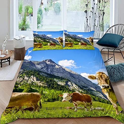 XIWEIER Bettwäsche 135x200 Kühe Almen Bettbezug 135x200 mit ReißVerschluss 3D Druck Bettwäsche Set Sommer Weiche Mikrofaser Kinderbettwäsche Bettbezüge mit 2 Kissenbezug 80x80 cm