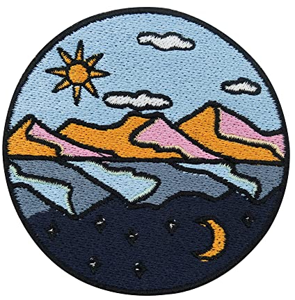 Finally Home Tag & Nacht Spiegel See Patch zum Aufbügeln | Sonne & Mond Patches, Vintage Bügelbild, Berg Aufbügler, Berge Aufnäher
