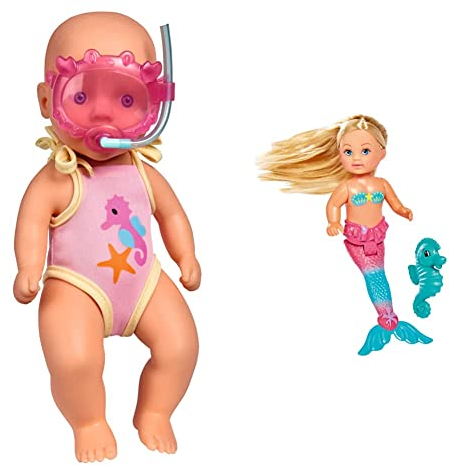Simba 105030172 - New Born Baby Badepuppe, Vollvinylpuppe in Badeanzug mit Schwimmbrille, 30cm & 105733424 - Evi Love Little Mermaid, 2-sort., Evi als Meerjungfrau, bewegliche Schwanzflosse, 12cm