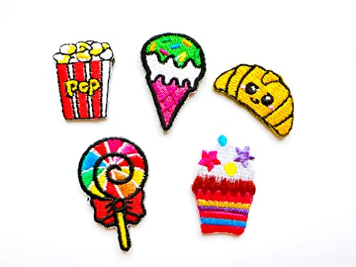 PL Set mit 5 Stück Mini Lollipop Candy Popcorn Cupcakes Croissants Eis Cream Cones Cute 1 Sweets Cartoon Aufnähen Bügelbild Schild Patches Kleidung Kostüm