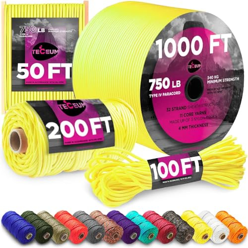 TECEUM Paracord Type IV 750 lb Yellow – 30 m – 4mm – 100% Nylon Strong Tactical MIL–SPEC Parachute Cord – Survival Rope Emergency 11 Strands Core EDC Camping Hiking Military Gear (100ft) 019a