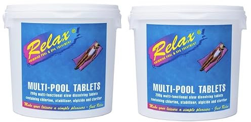 10kg Relax Large 200g Multi Function Chlorine Tablets - Swimming Pool Sanitiser - with added Algaecide & Clarifier (2 x 5kg) Tubs