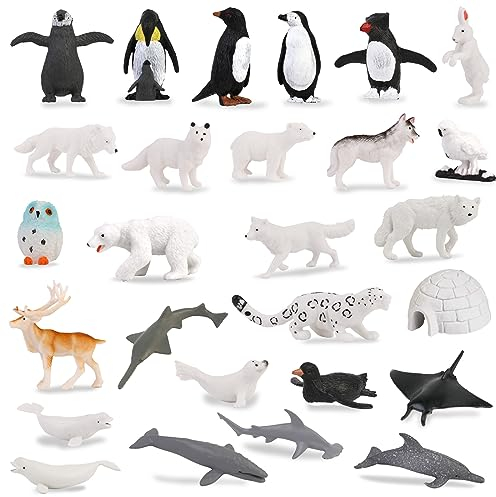 SRIZIAN 27 Stück Klein Tiere Figuren für Kinder, 1-2 Tier Figuren Spielzeug Realistisches Tierspielzeug Eisbär, Pinguin, Meerestier für Kinder Lernen Geburtstag Cupcake Party Deko