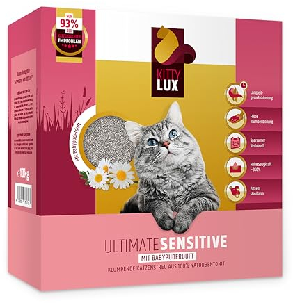 KITTYLUX KittyLux klumpende Katzenstreu Ultimate Sensitive 10kg mit Babypuderduft für Sensible Katzen, Klumpstreu 100% Naturbentonit, Feste Klumpenbildung, schnelle Geruchsbildung, geringer Verbrauch