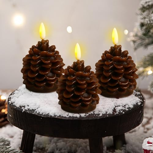3 Stück Weihnachtsdeko Tannenzapfen LED Kerzen, 3D Tannenzapfen -Imitat Flammenlose Kerzen, Batteriebetrieben LED Tannenzapfen Kerze für Weihnachten Dekoration, Heimdekoration, Tischdeko (Braun B*3)