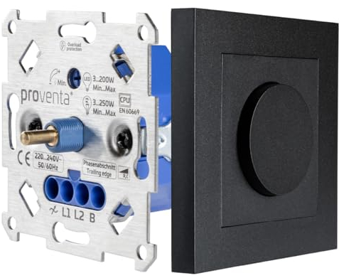 Proventa Dimmer Für LED lampen 230v, LED-Dimmer 230V/250W Drehdimmer für LED- & Halogenlampen, automatischer Phasenerkennungsdimmer, IP20, 2-Draht-System. - Abdeckung Schwarz Matt