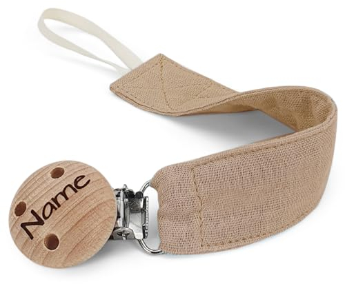 kleinerStorch Stoff Schnullerband personalisiert mit Gravur Namen | VIELE FARBEN | Baby Schnullerkette als Geschenk zur Geburt & Taufe (beige)