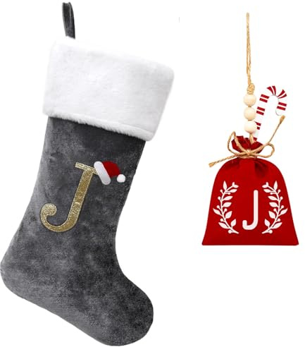 Tokforty 20 Inches Grey Velvet with White Super Soft Plush Cuff Monogram Christmas Stockings, Xmas Personalized Embroidered Letter Stockings for Family Holiday Decorations and Xmas Tree Fireplace（J）