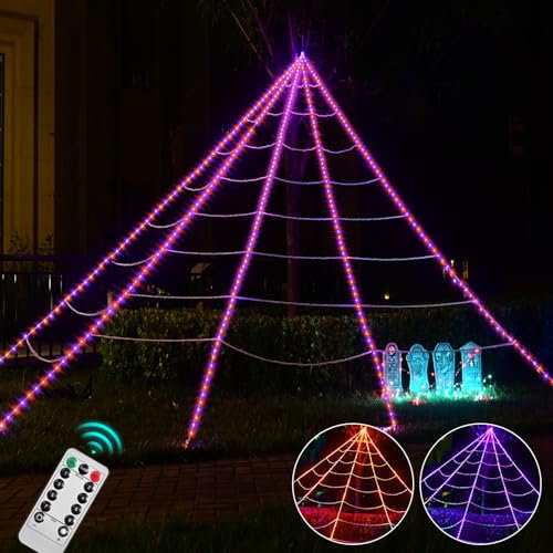Maxee 390 LED Halloween Spinnennetz Lichter Deko, 5m Riesen Lichternetz mit 26m Lichterkette & Fernbedienung (8 Lichtmodi &Timer), Netz Lichter Dekoration für Garten Innen Außen (Lila + Orange)