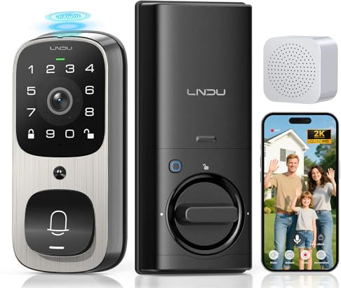 LNDU Cerradura de video inteligente WiFi, cerradura de puerta de entrada sin llave 5 en 1 con control de aplicación, audio bidireccional, sensores de movimiento duales