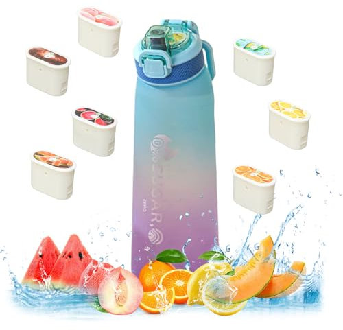 Huipalon Air Water Bottle with 7 Flavour Pods, 1000ml Starter Up Set Leak Proof Sports Water Bottle with 0 Calorie 0 Sugar Fruit Flavour Taste Pods for Fitness Outdoor (Blue Purple)