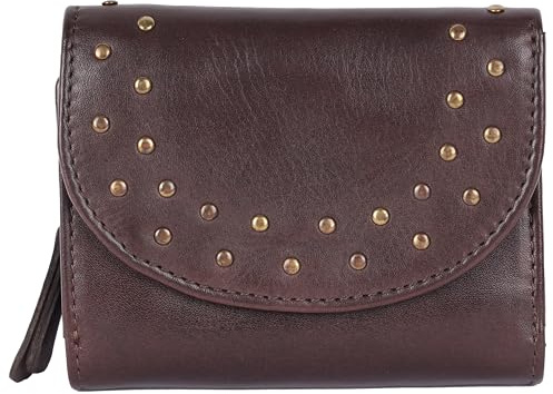 VILENCA HOLLAND Geldbörse aus echtem italienischem Leder, Boho-Nieten, dreifach gefaltet, Doppelklappenverschluss, Münzgeldbörse mit Reißverschluss und Kreditkartenetui für Damen, Braun, 4.5 inches (W