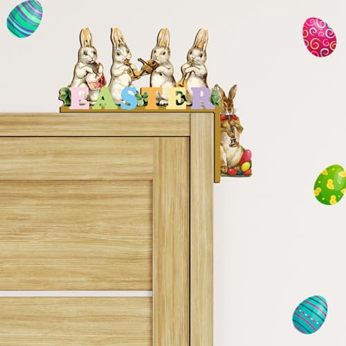 Osterdeko Türdekoratione Holz Lustige Osterhasen Türrahmen Deko Ostern Geschenk Ostern Türeckendekoration Holz Türdekoration Kaninchen Ostern Tür Eckdeko Frühlingsdeko Rahmen (b-Khaki, One Size)