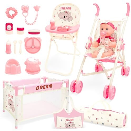 deAO 12in Baby Doll Nursery Set, Pretend Role Play Cot Toy, Dolls Nursery Accessories Include Stroller, High Chair, Feeding Accessories, Storage Bag, Baby Doll Care Play Set for Girls 3+