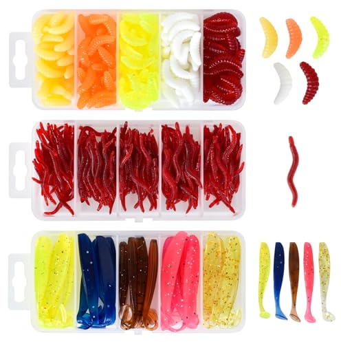 375 Pezzi Silicone Esche Da Pesca In Plastica, Artificiale Vermi Pesce, Silicone Esca Morbida,Per Acqua Salata E Dolce Pesca 150 Vermi Della Farina+200 Piccoli Lombrichi+25 Artificiale Pesce