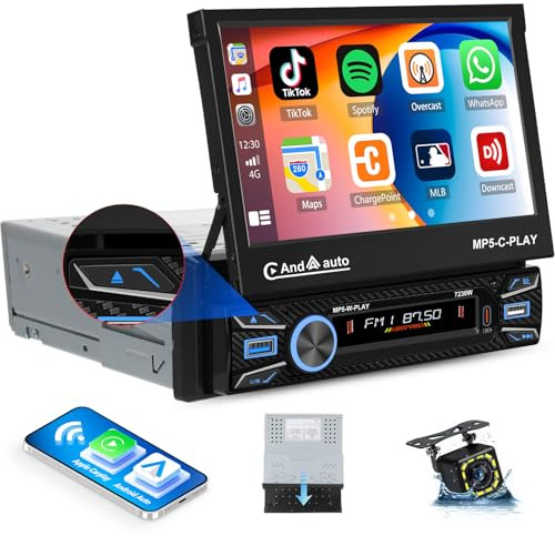 1 Din Kabellosem Carplay & Android Auto Autoradiomit Ausziehbarem Display, 7-Zoll-HD-Bildschirm Autoradio mit Bluetooth EQ FM Mirror Link AUX Typ-C USB SWC+ Rückfahrkamera
