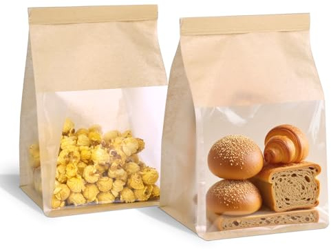 Dualshine 100 Pack Bread Bags with Tin Tie，Small Bakery Bags with Clear Window，Bagel Bags，Cookie Bag for Bakery, Homemade Bread，Popcorn，Cookies，Coffee Bean（6.3 x 5.1 x 8.66）