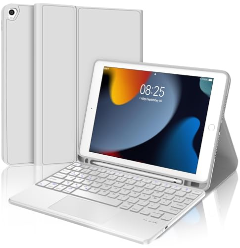 JADEMALL Clavier avec Touchpad pour iPad 9ème/8ème/7ème Génération 2021/2020/2019/Air 3 2019/Pro 10.5 2017, AZERTY Clavier Bluetooth Détachable avec Fente pour Stylo pour iPad 10.2, Gris Clair