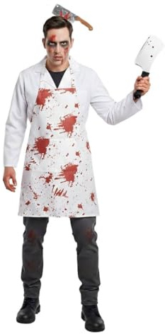 Adults Zombie Butcher Costume - White Coat, Bloodstained Apron, Cleaver Headband, Cleaver Prop, Facepaint and Fake Blood - Mens Scary Halloween Fancy Dress Costume
