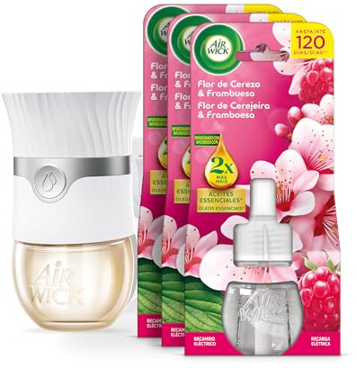 Air Wick ambientador eléctrico - aparato y 3 recambios con aroma a Flor de cerezo y Frambuesa, infusionado con 2 veces más aceites esenciales
