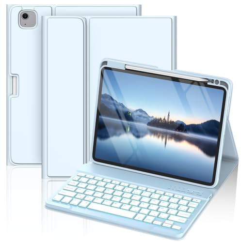 MMK Clavier Coque pour iPad Air 11 M4 2026/M3 2025/M2 2024, Clavier AZERTY | Coque pour Air 5 2022/Air 4 2020,iPad Pro 11 (4/3/2/1 Gen), Rétroéclairé 7 Couleurs & Magnétique Détachable avec Porte-Stylet