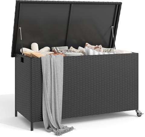 UDPATIO Gartenbox Wasserdicht XXL 310L | Auflagenbox Wetterfeste mit Gasdruckfeder |Polyrattan | Garten aufbewahrungsbox mit Deckel |Rollbar | Kissenbox Outdoor| Schwarz
