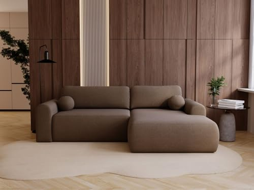 GRAINGOLD Savana L 257x177 cm, L-Form Sofa, Schlafcouch für Wohnzimmer, Bouclé-Stoff, 3-Sitzer Eckcouch, Ecksofa mit Bettkasten (Braun, Rechts)