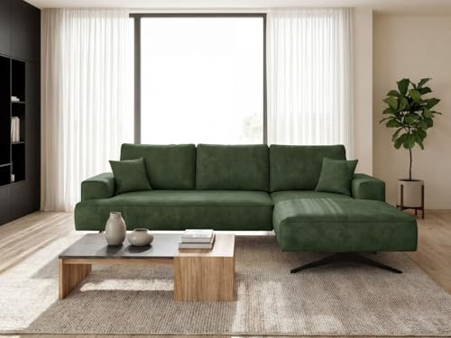 GRAINGOLD Leto Ecksofa 260x165 cm, L-Form Sofa, Ecksofa für Wohnzimmer, Velours-Stoff, 3-Sitzer Eckcouch, Modernes Design (Grün, Rechts)