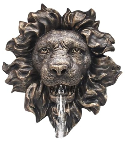 GMBAYUE Löwenkopf Wandhängender Brunnen-Sprüher, Goldene Gartendüse Wasserspray, Skulpturkopf, Outdoor-Bewässerungs-Dekorationszubehör for Büro, Schlafzimmer, Teich(Brown,35x39x16cm)
