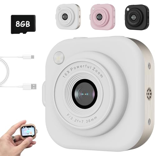 2026 Mini Keychain Digital Camera with 8GB SD Card, Retro Y2K Pocket Camera & 1080P Camcorder with Flash, 2.5k HD with 64MP Lens Cameras with Chain for Travel Holiday Trend Gift Festivals (White)