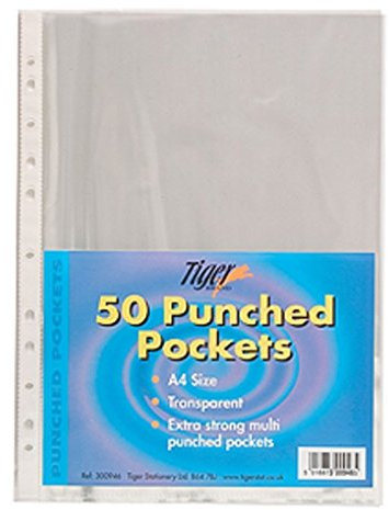 Tiger A4 strong transparent poly punched pockets x 50 sleeves/wallets