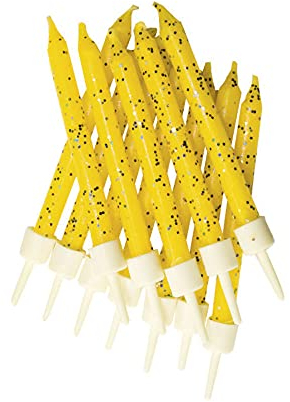 Anniversary House Pack of 12 Yellow Glitter Birthday Candles with Holders, 7.5cm, Celebration Cake Decoration, Birthday Candles for Cakes, Candles for Cake, AHC174