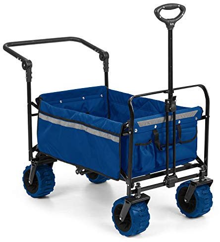 Waldbeck Easy Rider - Carretilla de Mano, Carro Carga Pesada, hasta 70 kg belastbar, Robusto y liviano con Funda de Poliester 600D, 2 Cinturones de Seguridad para niños, Plegable, Azul
